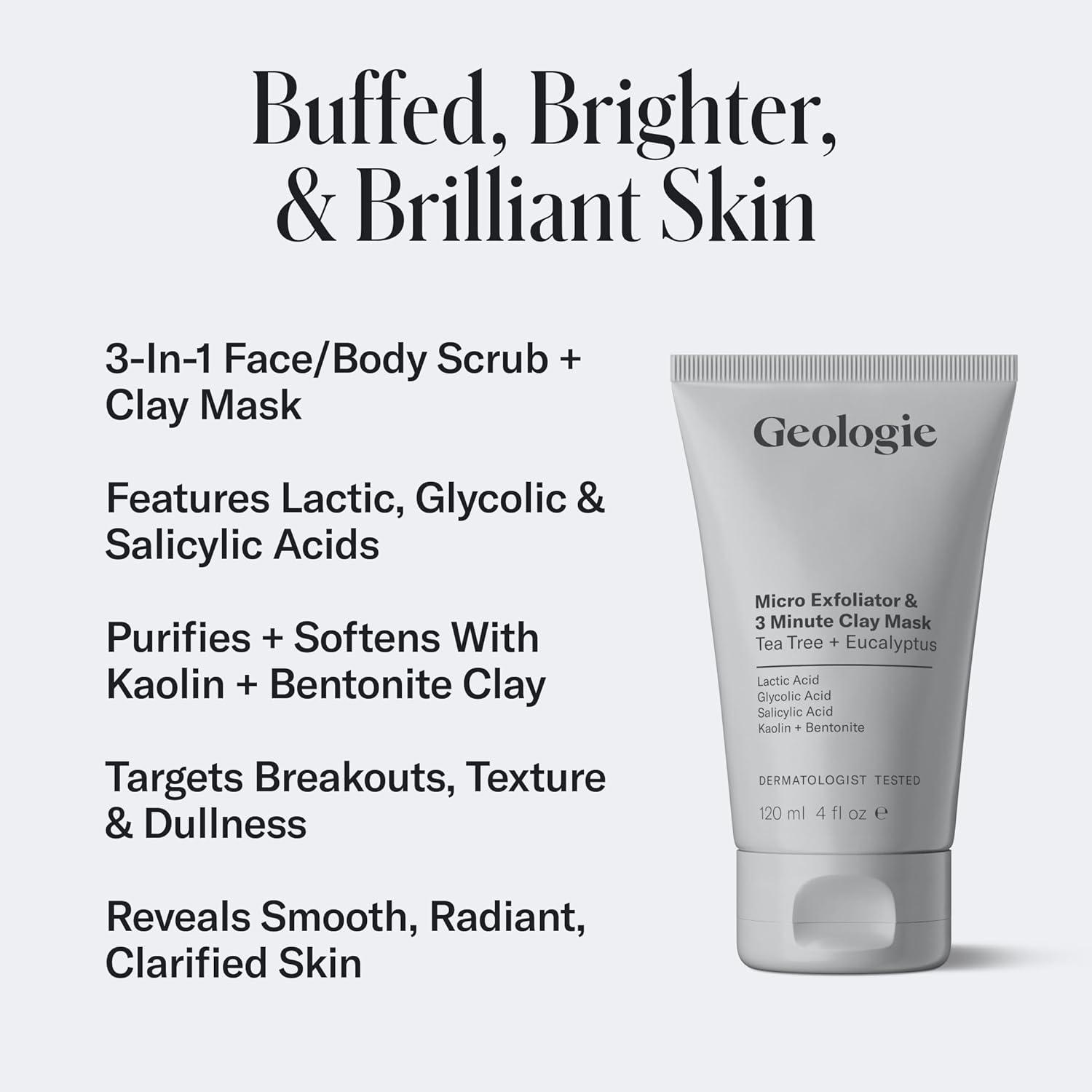 image:imageGeologie Micro Exfoliator amp Clay Mask 3in1 Deep Cleansing Face Wash Pore Refining Mask amp Skin Exfoliant Tea Tree amp Eucalyptus Scent For Men amp Women 4 fl oz