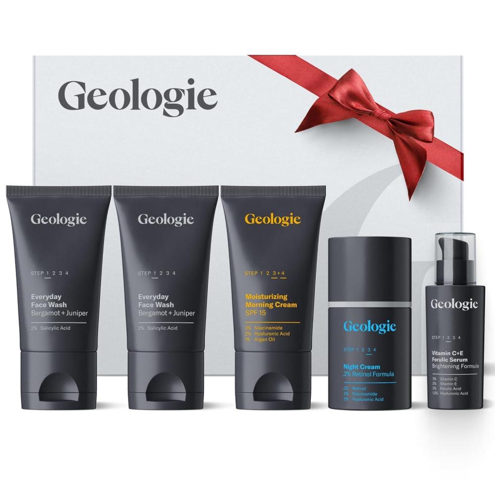 image:imageGeologie Complete Skincare Set for Men amp Women 3Month Simple amp Effective Daily Clear Skin Routine Acne Oily Skin Dark Spots Face Wash 2Pack Retinol Face Cream SPF15 Moisturizer amp Eye CreamGift Set